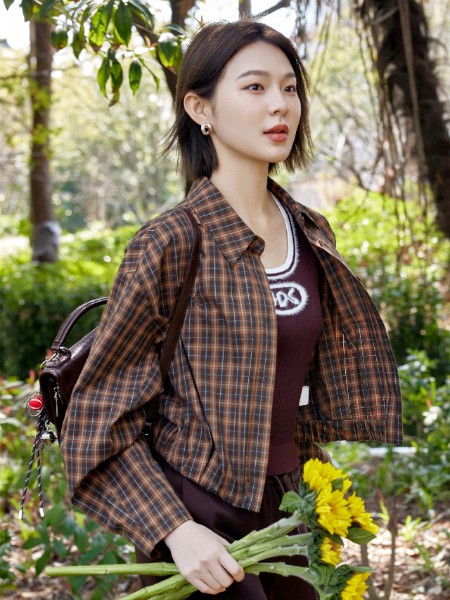 韩序(HANXU)女装品牌立领格子长袖夹克外套2025秋季新款