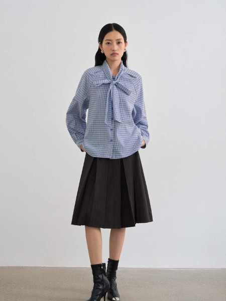 青稚女装品牌横条纹蝴蝶结领长袖衬衫2025新款
