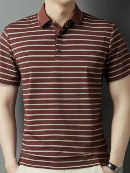 俞兆林男装品牌横条纹棕色立领休闲修身上衣2025新款