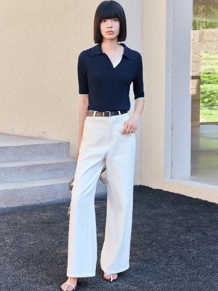 Jue&sue拉素(Jue&sue)女装品牌翻领针织拼接短袖2025秋季新品