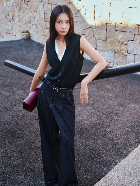 Jue&sue拉素(Jue&sue)女装品牌V领假两件针织无袖上衣2025秋季新品