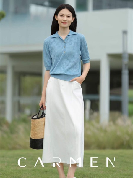 卡蔓(CARMEN)女装品牌高级蓝色翻领针织短袖